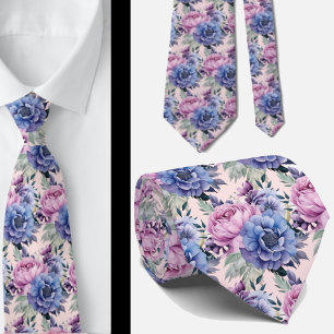 Blush Pink Blue Purple Violet Flowers Floral Tie