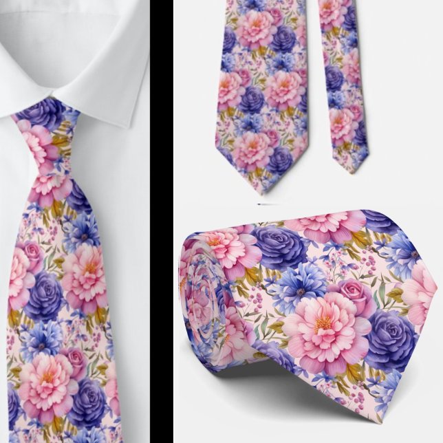 Blush Pink Blue Purple Violet Flowers Floral Tie (Creator Uploaded)