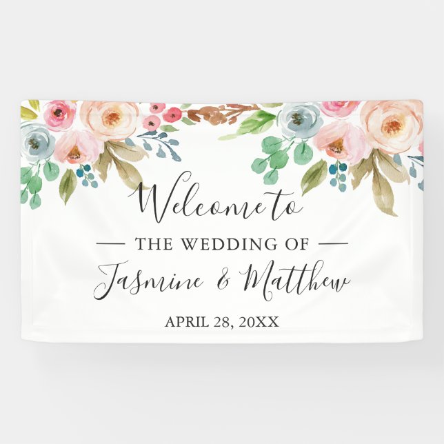 Blush Pink Blue Roses Peonies Floral Wedding Party Banner (Horizontal)