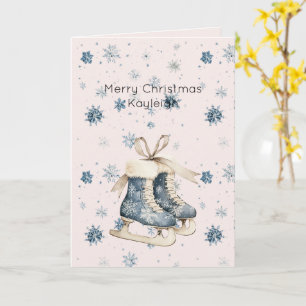 Blush Pink Blue Snowflakes Ice Skates Christmas Card