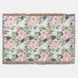 Blush Pink Blue Watercolor Floral Green Leaves Throw Blanket