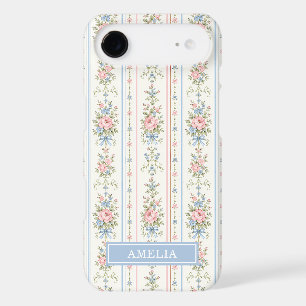 Blush Pink Blue Watercolor Floral Striped