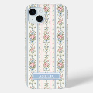 Blush Pink Blue Watercolor Floral Striped iPhone 15 Mini Case