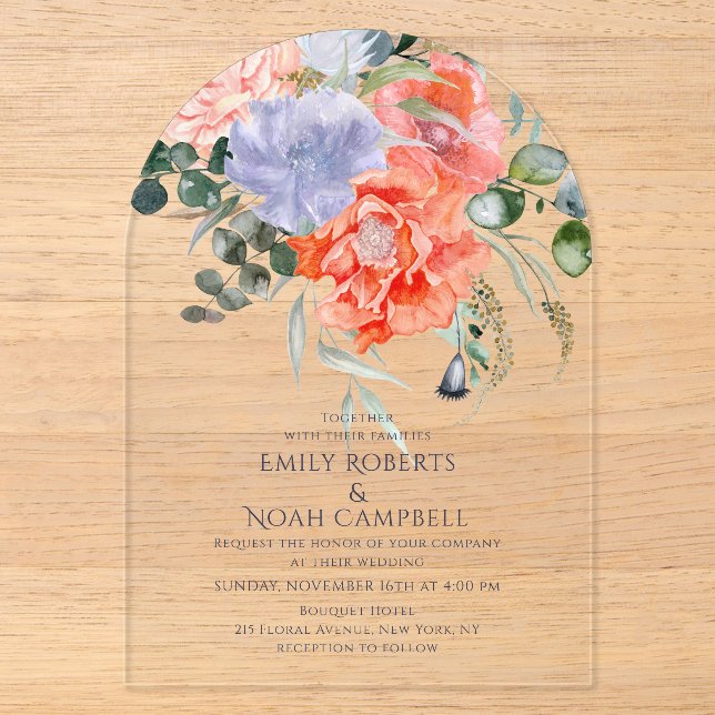 Blush Pink & Blue Watercolor Floral Wedding Acrylic Invitations (Front)