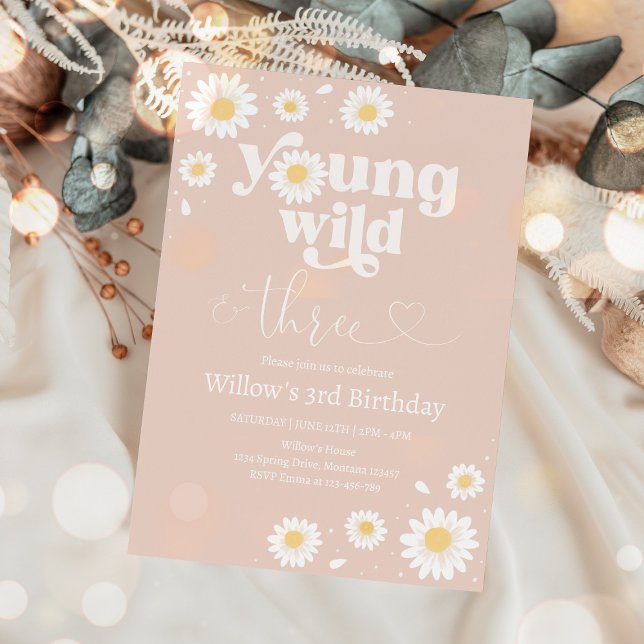 Blush Pink Boho Daisy Wild And Three Birthday Invitation (Creator Uploaded)
