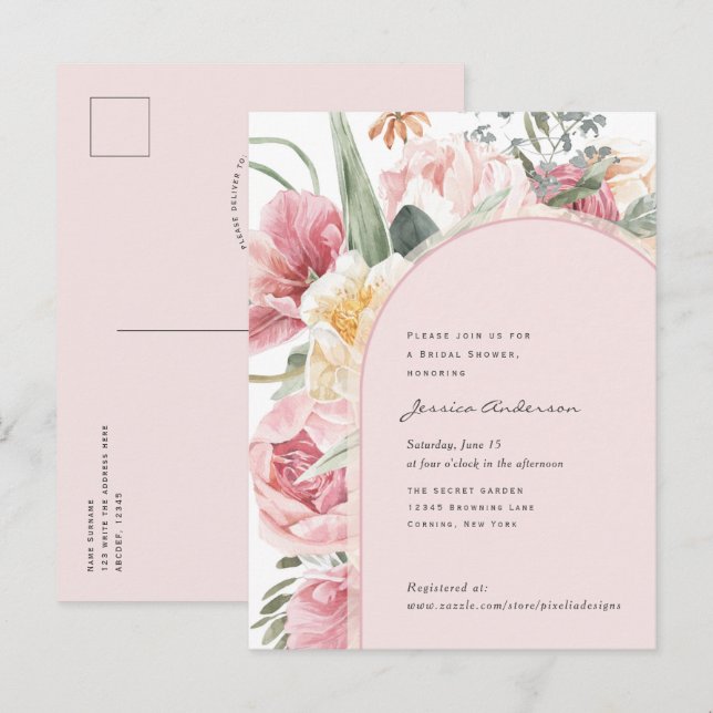 Blush pink boho floral chic girly garden bridal  invitation postcard (Front/Back)