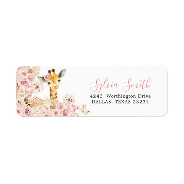 Blush Pink Boho Giraffe Baby Shower Address Label (Front)