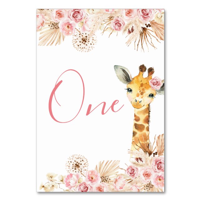 Blush Pink Boho Giraffe Baby Shower Table Number (Front)