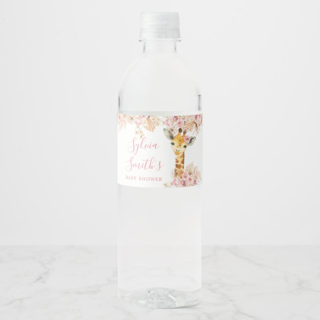Blush Pink Boho Giraffe Baby Shower Water Bottle Water Bottle Label (Front)