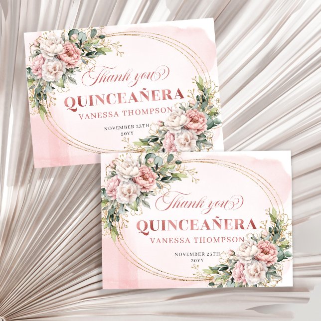 Blush Pink Boho Greenery Floral Quinceañera Thanks Thank You Card (Blush Pink Boho Greenery Floral Quinceañera Thank You)
