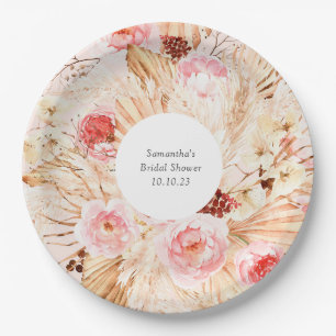 Blush pink boho pampas grass floral pattern  paper plate
