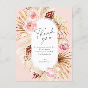 Blush Pink Boho Pampas Grass Floral Wedding Thank Postcard