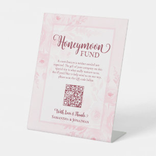 Blush Pink Boho Peonies Honeymoon Fund QR Code Pedestal Sign