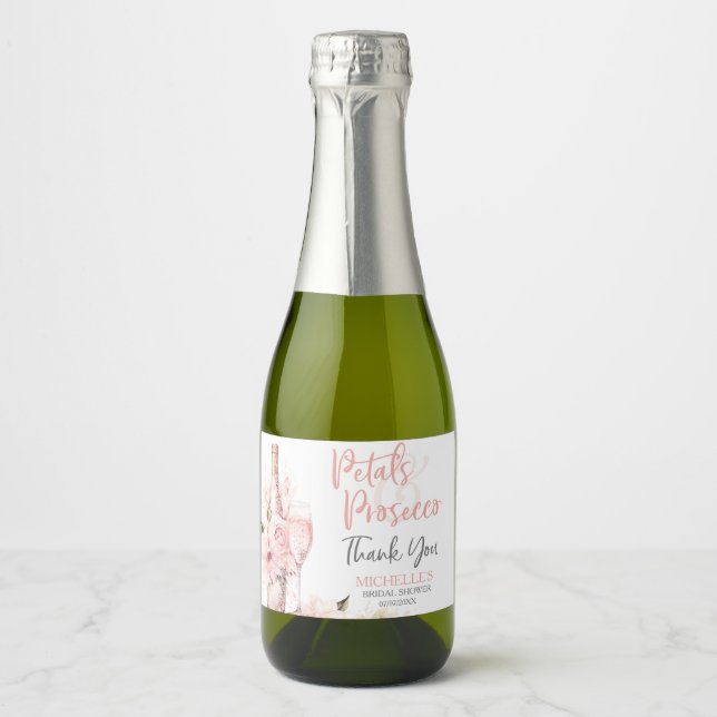 Blush Pink Boho Petals and Prosecco Floral Sparkling Wine Label (Front)