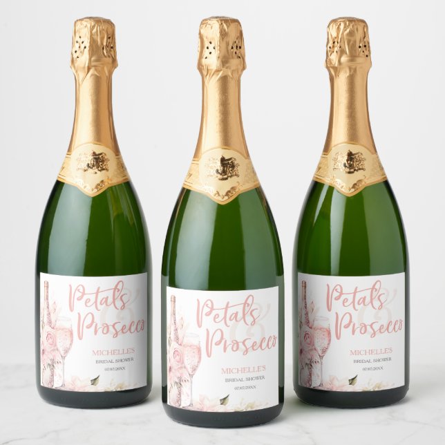 Blush Pink Boho Petals and Prosecco Floral Sparkling Wine Label (Bottles)