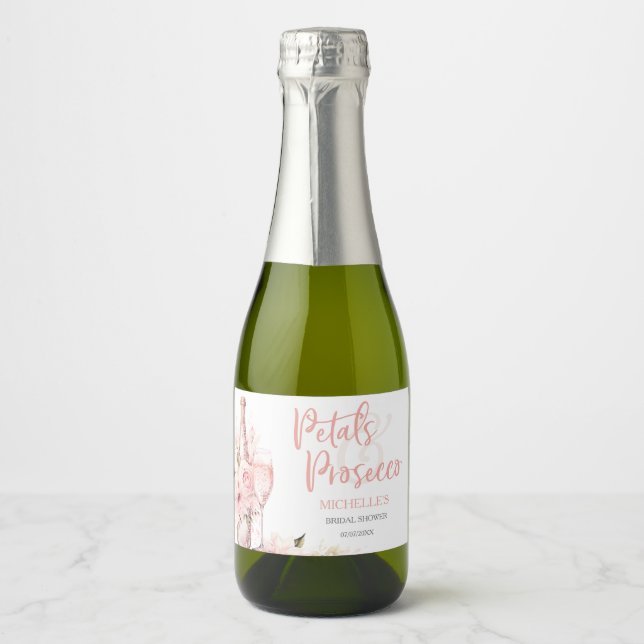 Blush Pink Boho Petals and Prosecco Floral Sparkling Wine Label (Front)