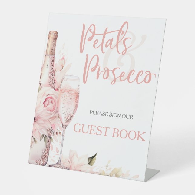 Blush Pink Boho Petals Prosecco Guest Book Pedestal Sign (Front)