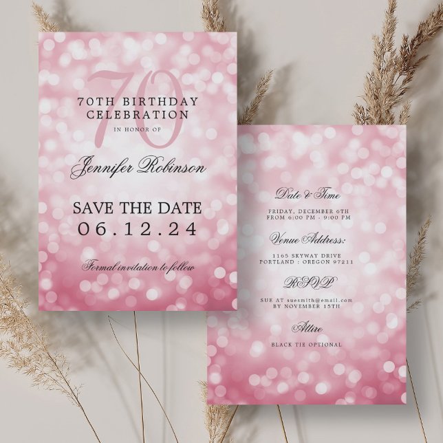 Blush Pink Bokeh 70th Birthday Save Date Details Invitation (Blush Pink Bokeh 70th Birthday Save Date Details Invitation)