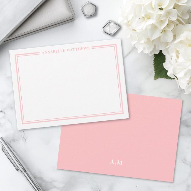 Blush Pink Border Minimalist Name Monogram Card (Blush Pink Border Minimalist Name Monogram Note Card )