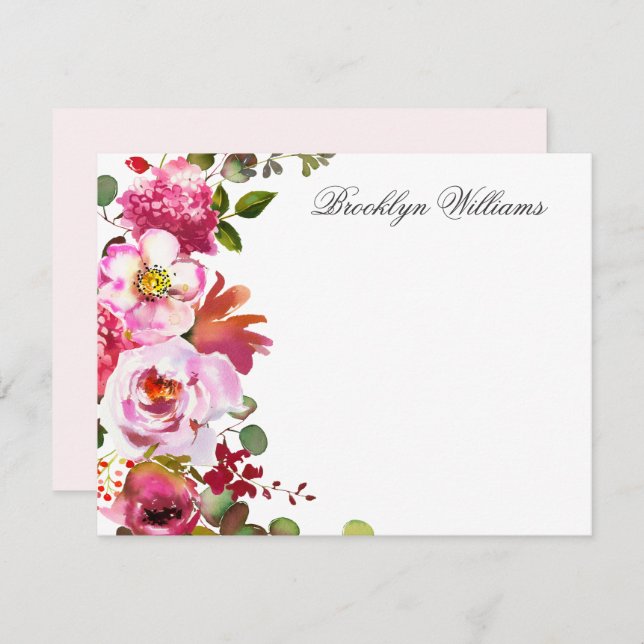 Blush Pink Botanical Floral Personalized Note Card (Front/Back)