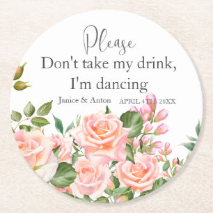 Blush Pink Botanical  Wedding Script Round Paper Coaster