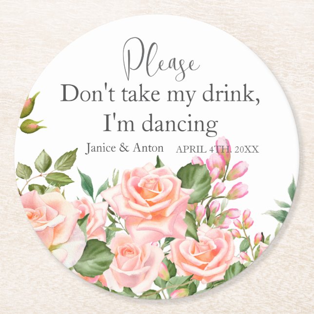Blush Pink Botanical  Wedding Script Round Paper Coaster (Front)