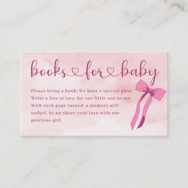 Blush Pink Bow Baby Shower Books For Baby Enclosure Card (Front)
