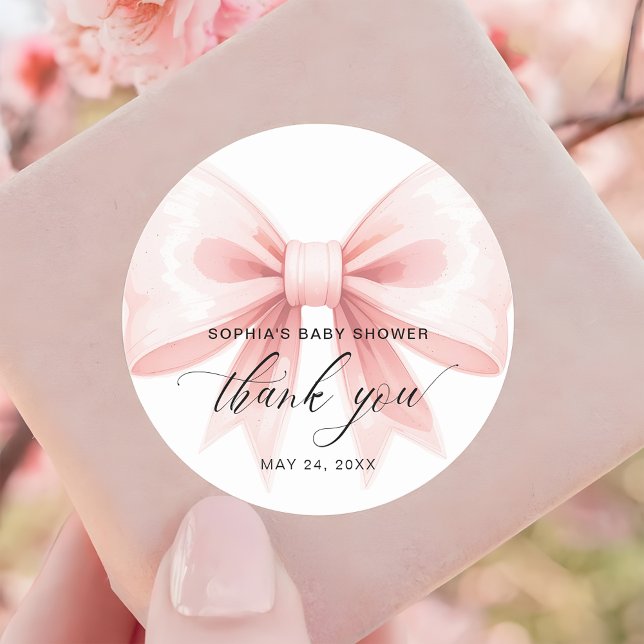 Blush Pink Bow Baby Shower Thank You Classic Round Sticker (Creator Uploaded)