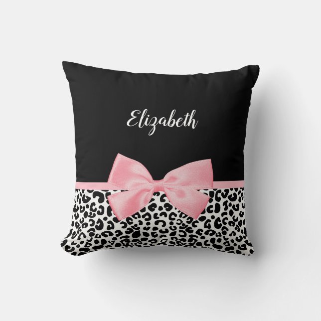 Blush Pink Bow Black White Leopard Print Pattern Throw Pillow (Front)