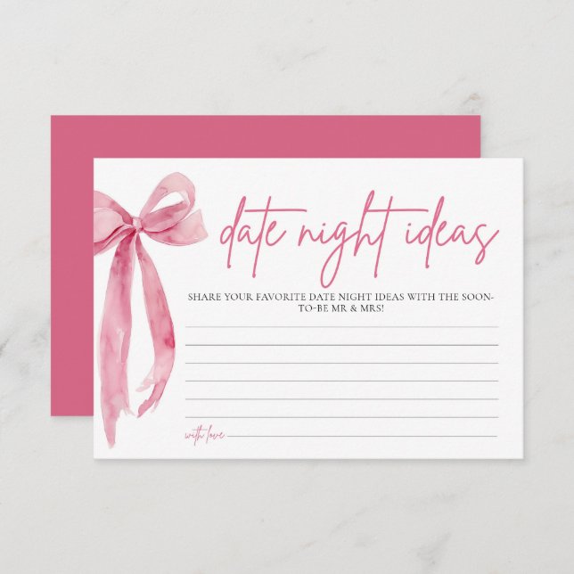 Blush Pink Bow Bridal Shower Date Night Ideas Game Invitation (Front/Back)