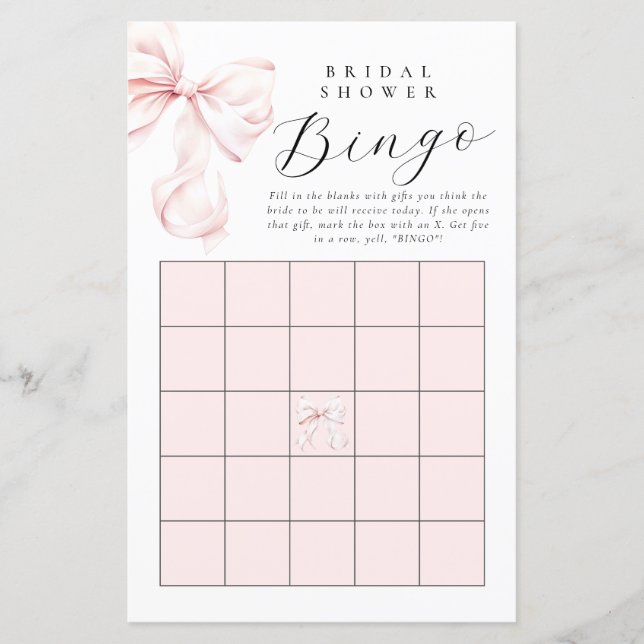 Blush Pink Bow Bridal Shower Gift Bingo Card (Front)