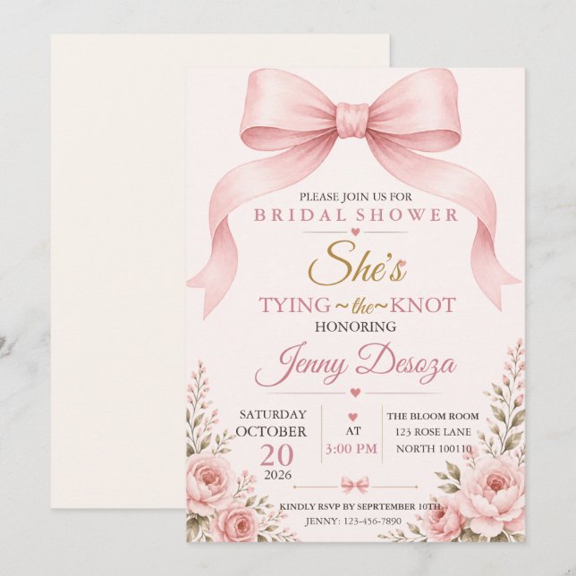 Blush Pink Bow Bridal Shower Invitation (Front/Back)