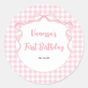 Blush Pink Bow Coquette 1st Birthday Classic Round Sticker