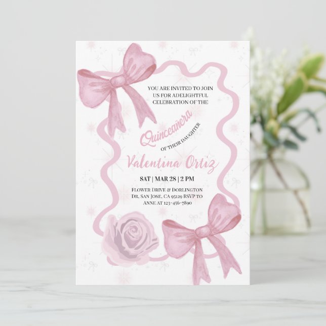 Blush Pink Bow coquette floral Quinceanera Invitation (Standing Front)