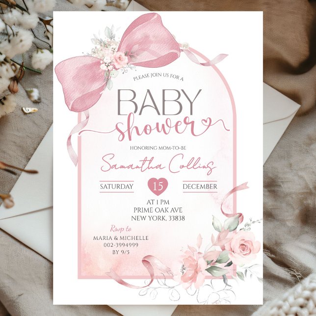 Blush Pink Bow Coquette Ribbon Arch Baby Shower Invitation (Creator Uploaded)