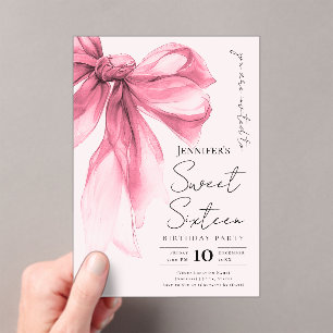 Blush Pink Bow Coquette Script Sweet 16 Party Acrylic Invitations