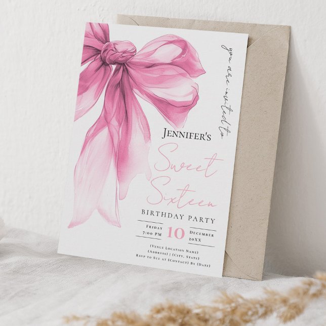 Blush Pink Bow Coquette Script Sweet 16 Party  Invitation (Blush Pink Bow Coquette Script Sweet 16 Party Invitation)