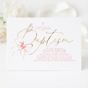 Blush Pink Bow Elegant Minimalist Girl Baptism Invitation