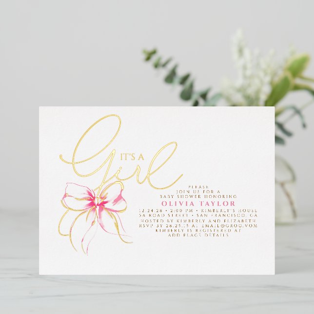 Blush Pink Bow Elegant Modern Girl Baby Shower (Standing Front)