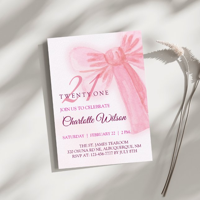Blush Pink Bow Elegant Twenty-One Birthday Invitation (Creator Uploaded)