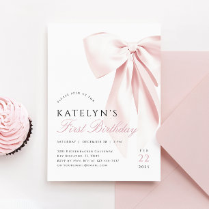 Blush Pink Bow First Birthday Invitation