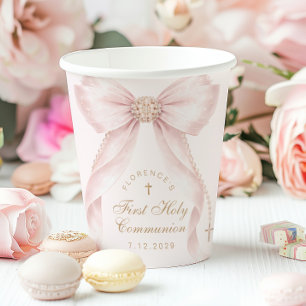 Blush Pink Bow First Holy Communion Coquette Paper Cups
