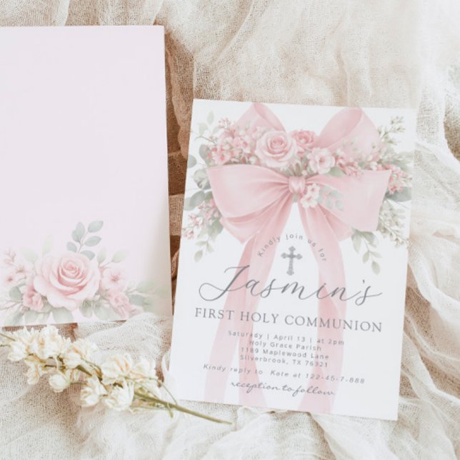 Blush Pink Bow Floral First Holy Communion Invitation (Creator Uploaded)