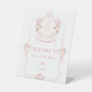 Blush Pink Bow Floral Sweet Baby Girl Shower Pedestal Sign