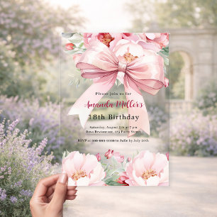 Blush pink bow florals clear birthday acrylic invitations