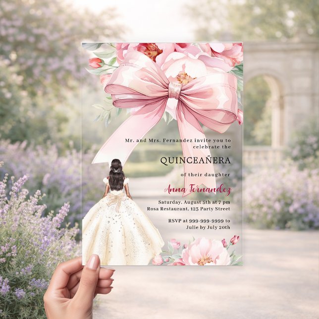 Blush pink bow florals dress Quinceanera clear Acrylic Invitations (Creator Uploaded)