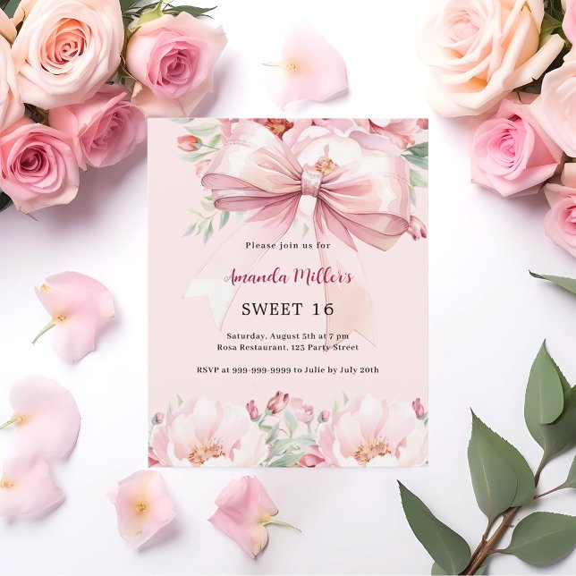 Blush pink bow florals Sweet 16 invitation (Creator Uploaded)