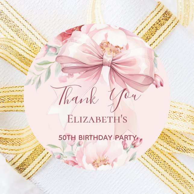 Blush pink bow florals thank you birthday classic round sticker (Creator Uploaded)