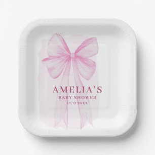 Blush Pink Bow Girl Baby Shower Paper Plate