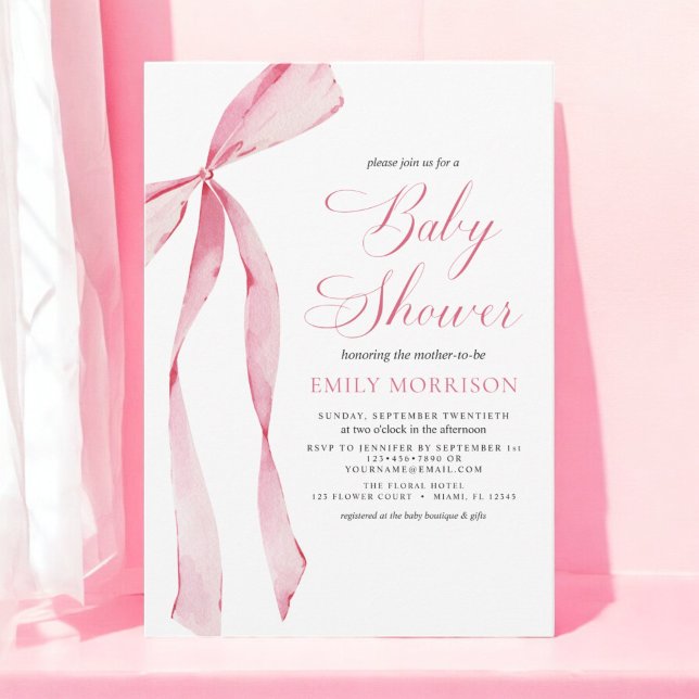 Blush Pink Bow Girl Watercolor Baby Shower Invitation (Creator Uploaded)